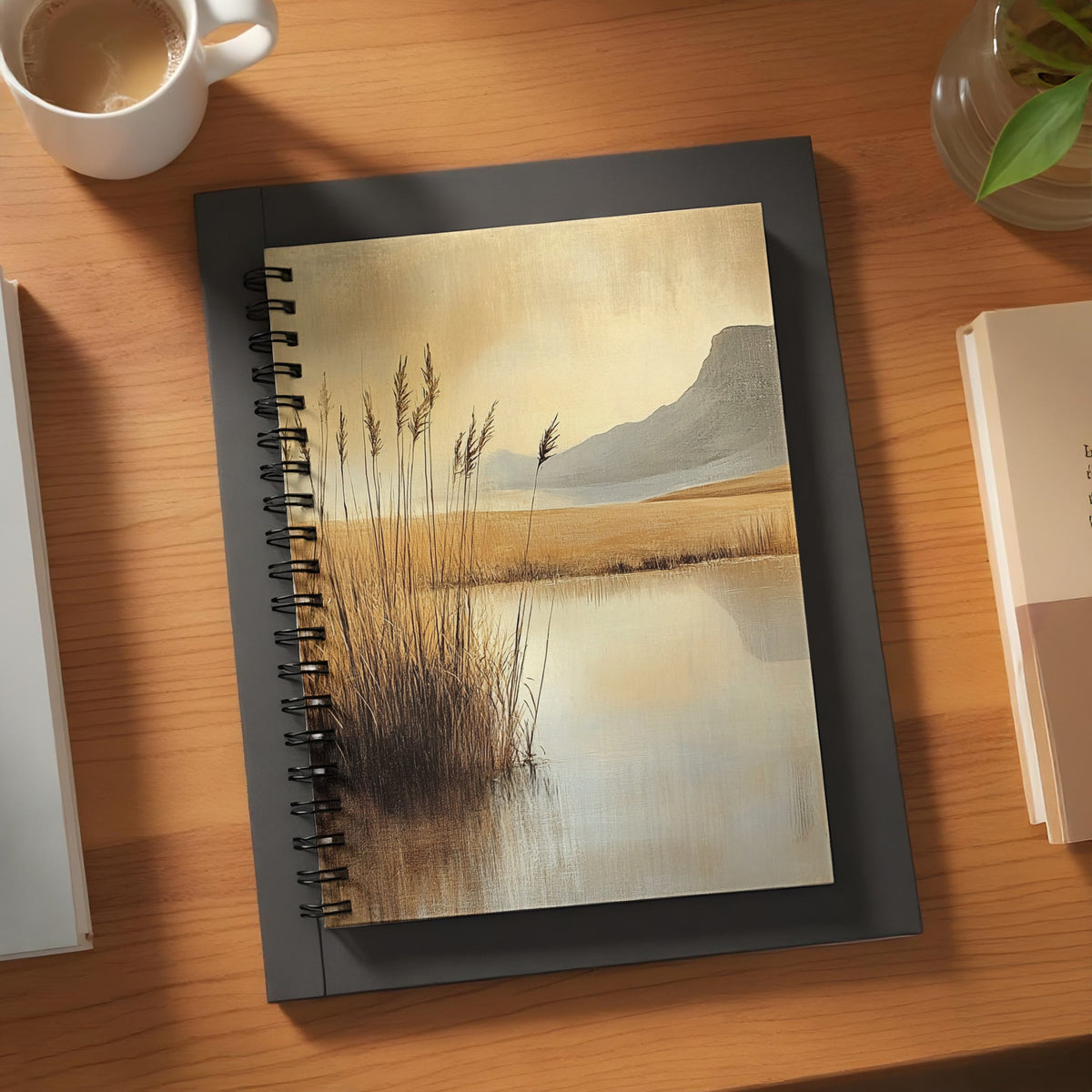 Spiral-bound notebook with reeds and water landscape art on cover.