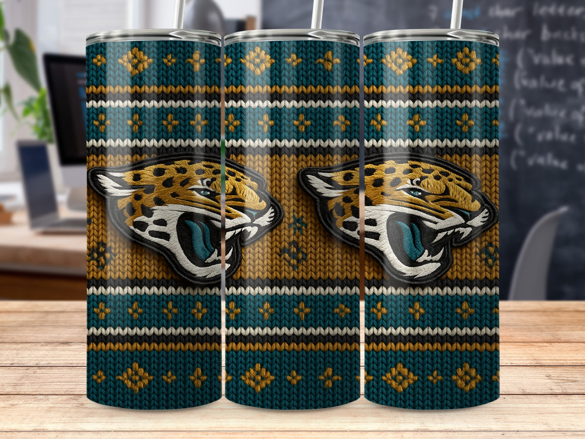 Jacksonville Jaguars logo on a knitted-pattern tumbler with straw.