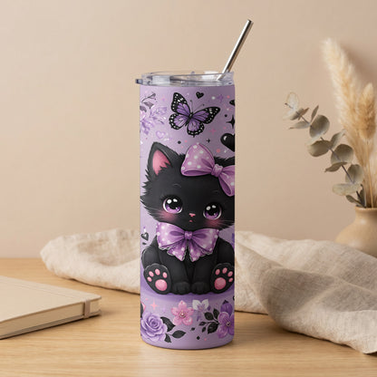 Purple tumbler with a black kitten wearing bows and surrounded by butterflies and flowers.