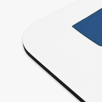 White mousepad with a blue geometric design and black edging.