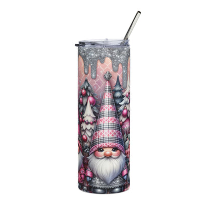 Tumbler with gnome, Christmas trees, pink ornaments, and glitter drip design.