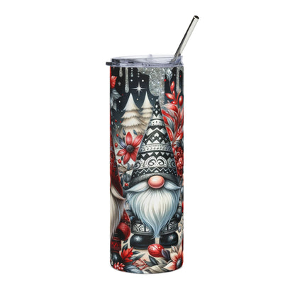 Tumbler with a festive gnome and winter foliage design, featuring a silver straw.