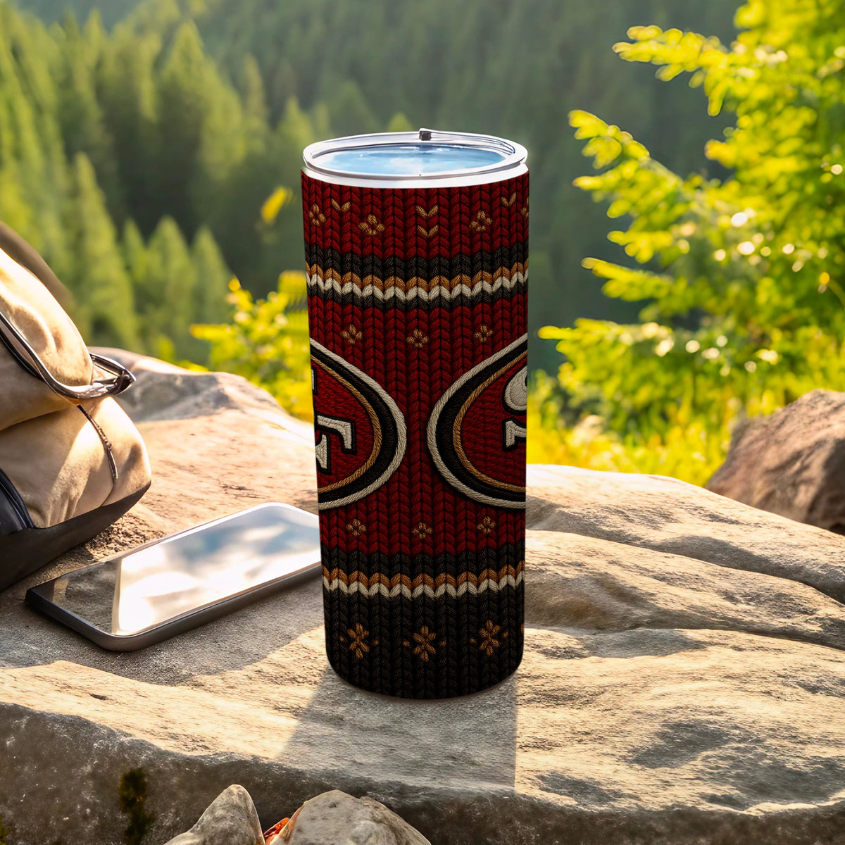 San Francisco 49ers tumbler with a knitted pattern and team logo.