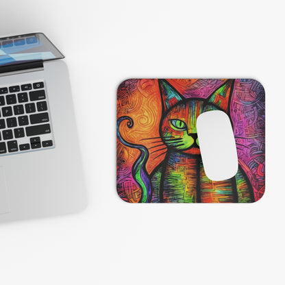 A colorful, abstract cat mousepad rests next to a laptop on a white surface.