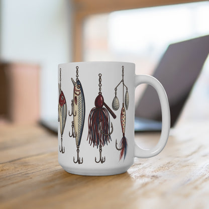 White mug with a repeating pattern of vintage fishing lures in red, white, and blue.