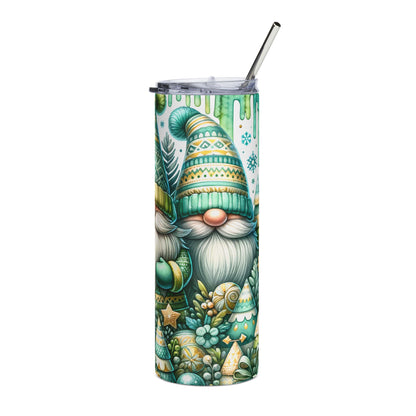 Tumbler with a pattern of gnomes, pine trees, and festive decorations.
