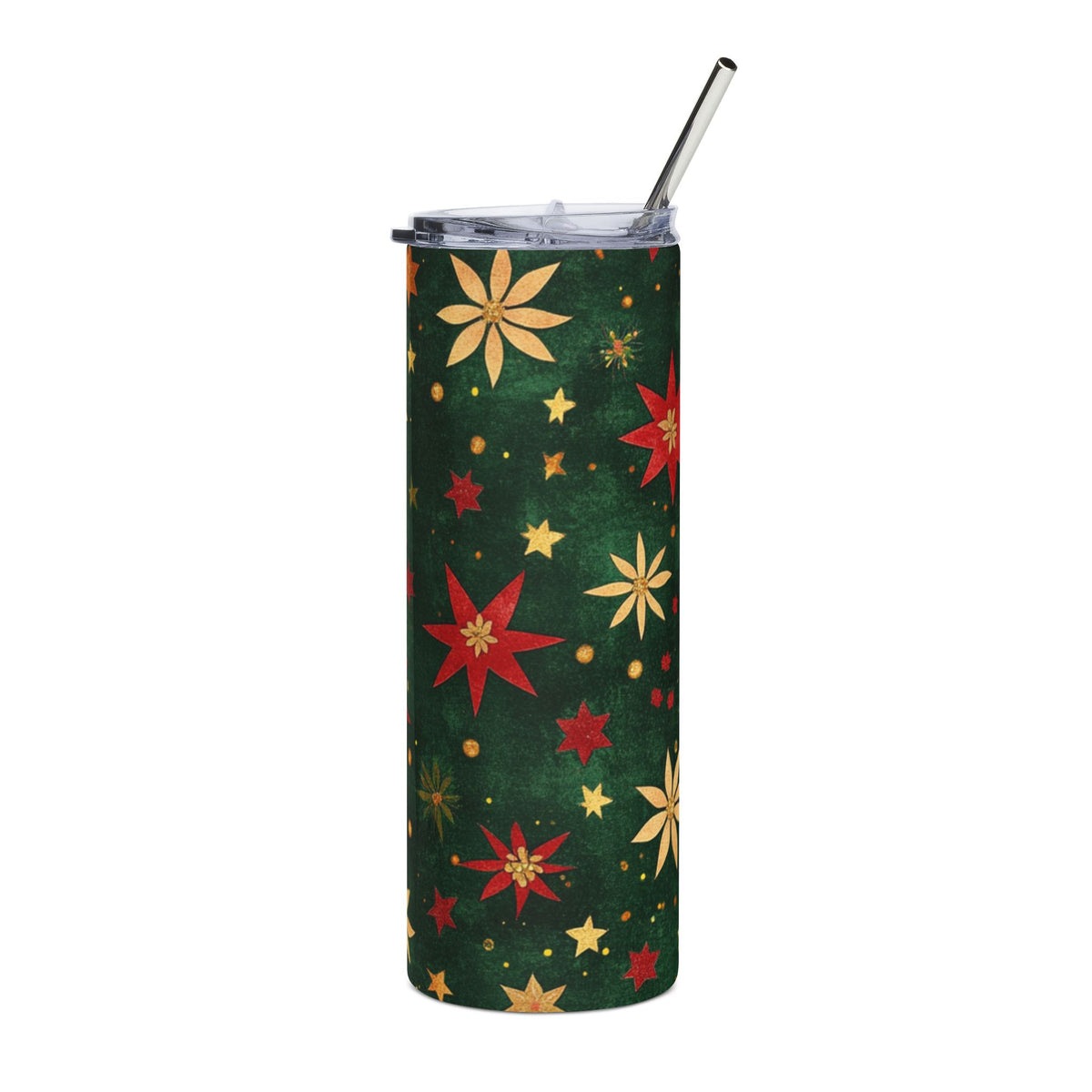 Green tumbler with red and gold star and floral Christmas pattern.