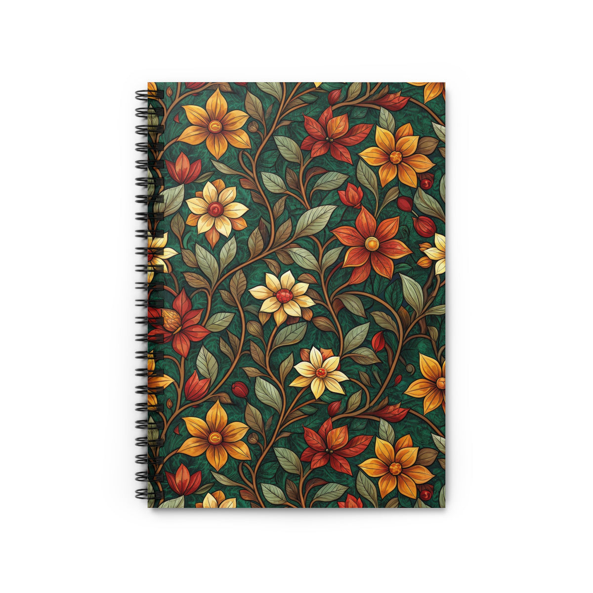 Spiral-bound notebook with a dark green floral pattern of yellow and red flowers.