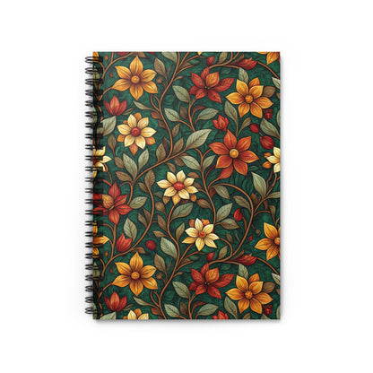 Spiral-bound notebook with a dark green floral pattern of yellow and red flowers.