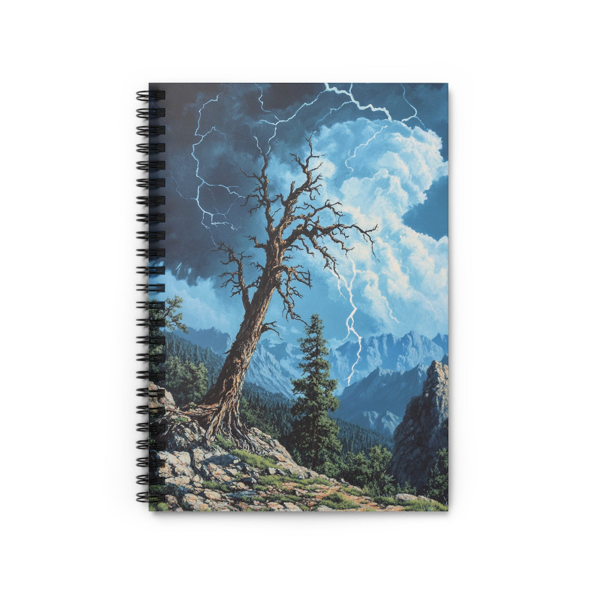 Notebook with a painting of a gnarled tree under a lightning-filled stormy sky.