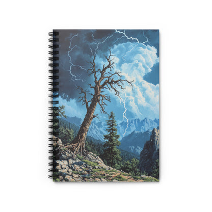 Notebook with a painting of a gnarled tree under a lightning-filled stormy sky.