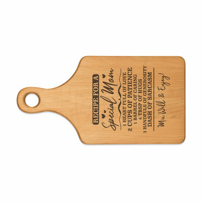 Wooden cutting board with "Recipe for a Special Mom" and cooking humor.