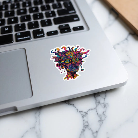 Colorful abstract face sticker with swirling tendrils on a laptop.