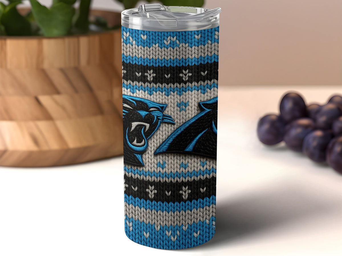 Carolina Panthers logo on a blue, black, and gray knitted pattern tumbler.
