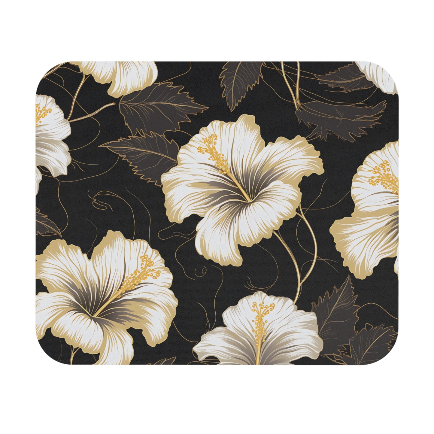 Dark background with a pattern of white and gold hibiscus flowers and leaves.