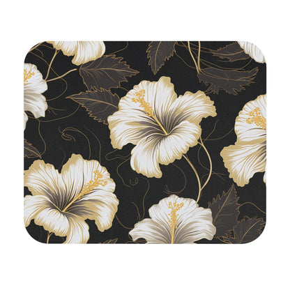 Dark background with a pattern of white and gold hibiscus flowers and leaves.