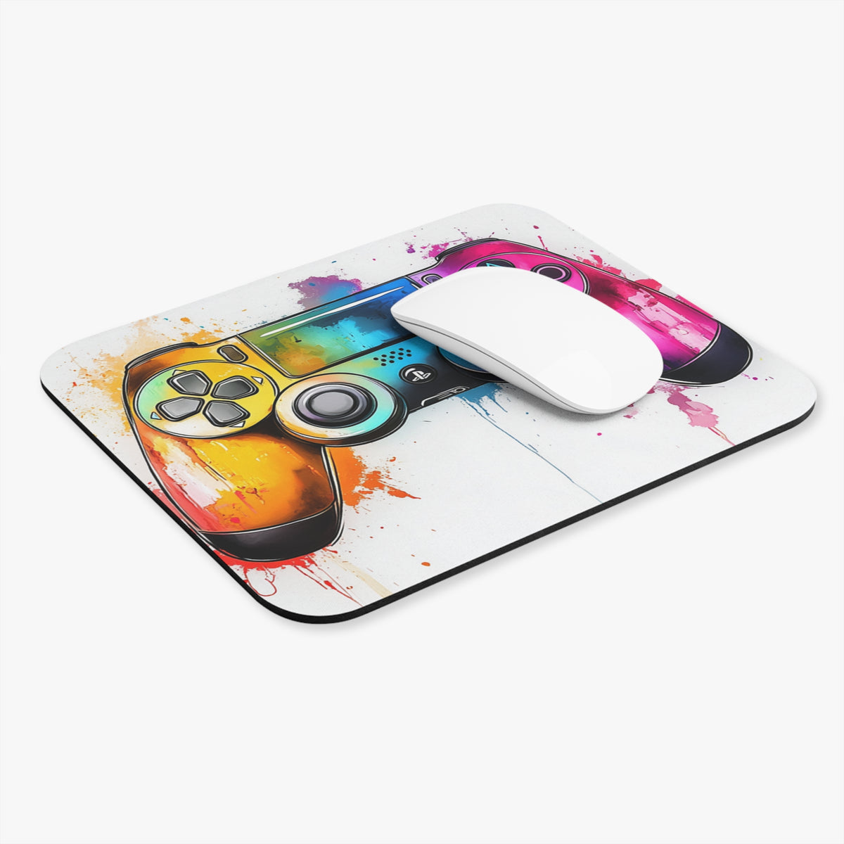 Colorful watercolor game controller illustration on a white mousepad with a white mouse.