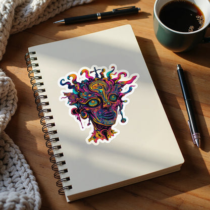 Vibrant, abstract face sticker on a blank notebook page with pens and coffee.