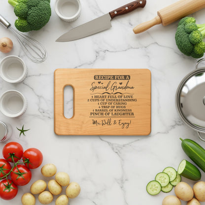 Wooden cutting board with "Recipe for a Special Grandma" text.
