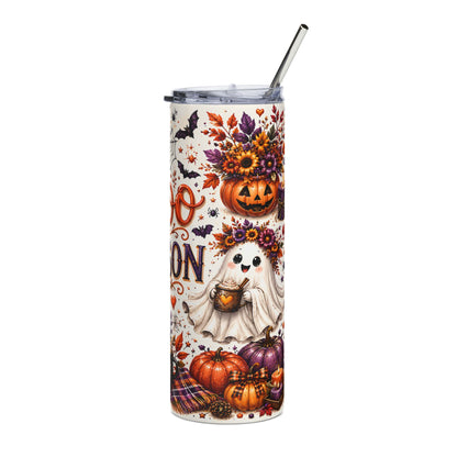 Tumbler with ghost, pumpkins, and fall floral Halloween design.