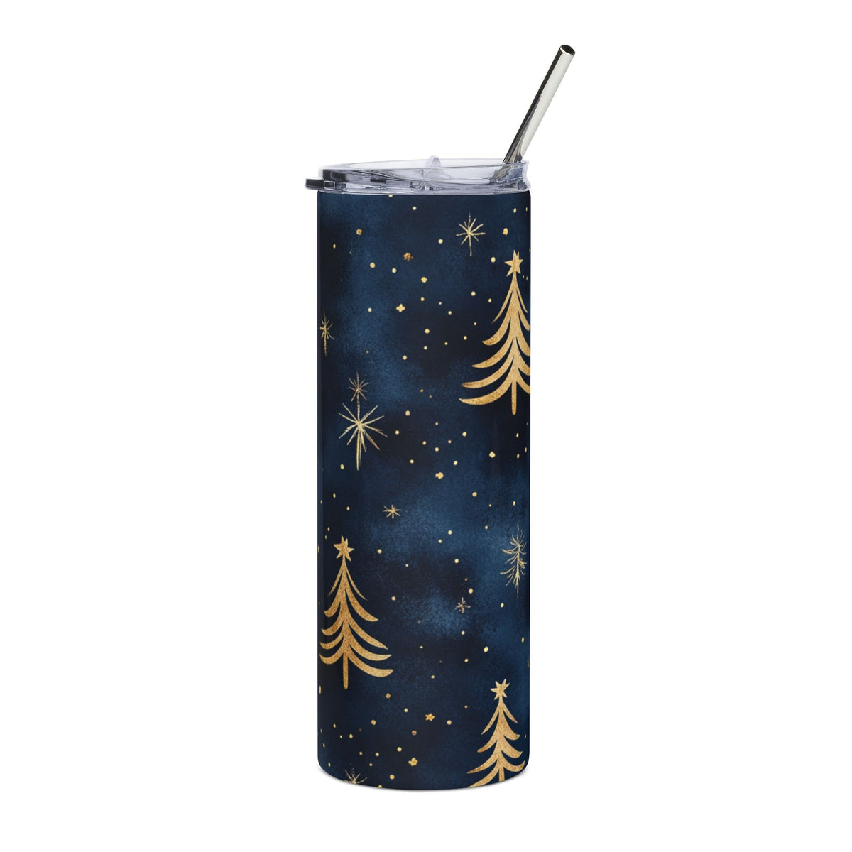 Tumbler with dark blue background, gold Christmas trees, and stars pattern.