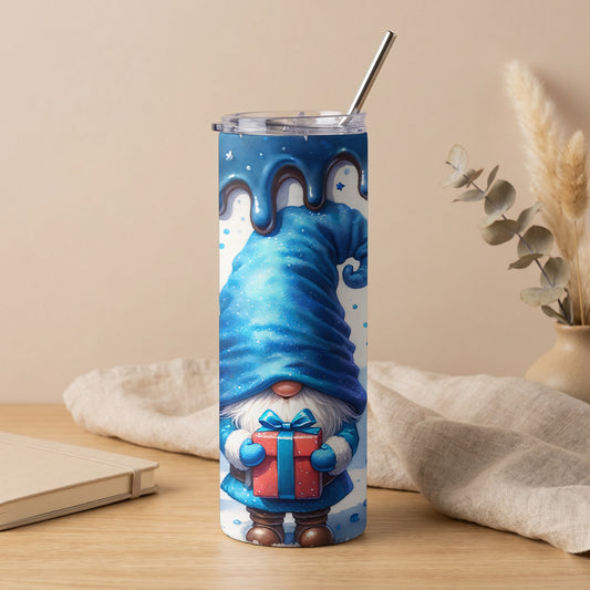 Blue gnome with gift on a tumbler with a metal straw.