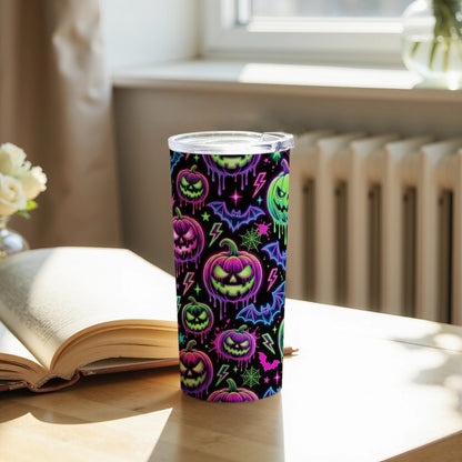 Black tumbler with neon Halloween pattern of pumpkins, bats, and lightning.