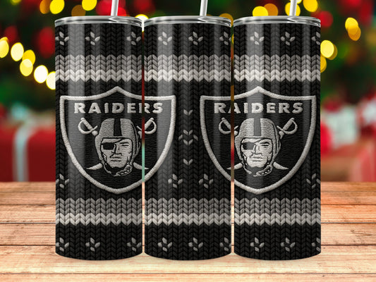 Three tumblers with Las Vegas Raiders logo and knitted pattern.