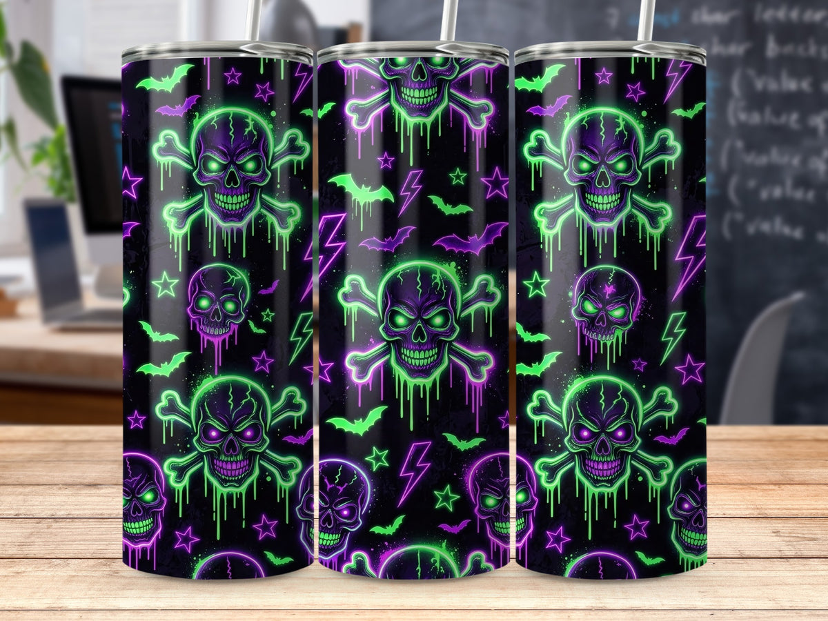 Neon skulls, bats, and lightning bolts pattern on a black background.