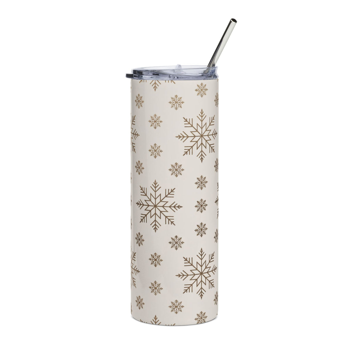 Cream tumbler with brown snowflake pattern and metal straw.