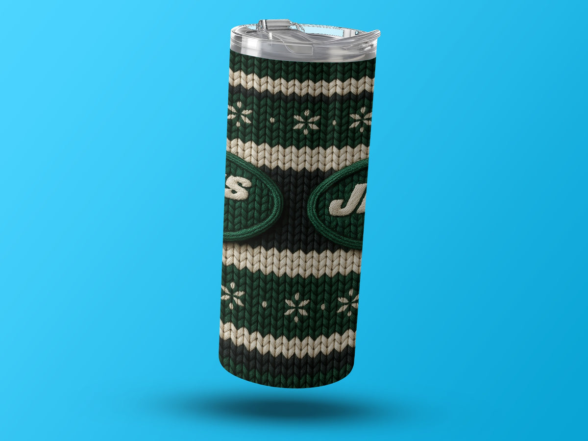 New York Jets tumbler with knit pattern and snowflake accents.