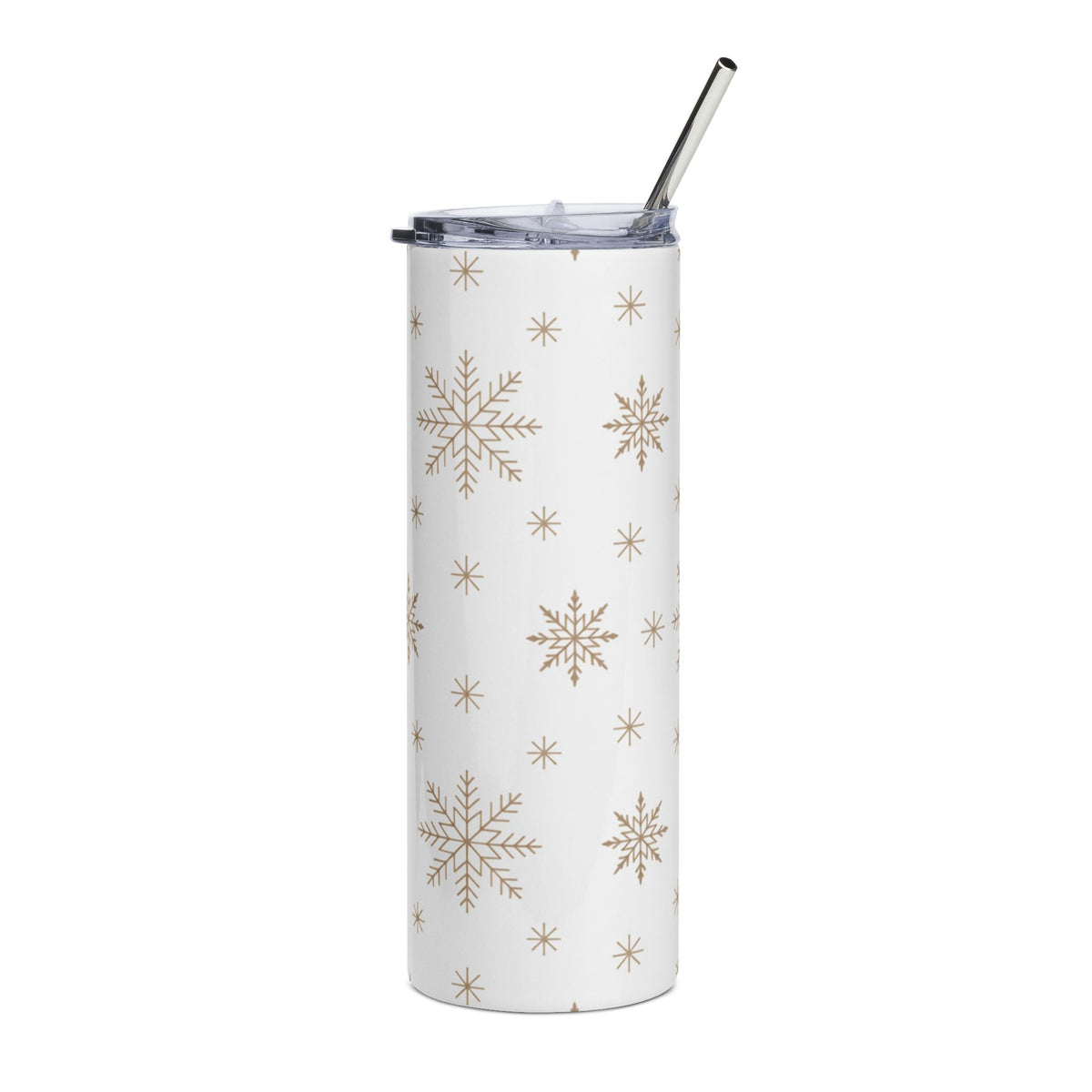 White tumbler with gold snowflake pattern and metal straw.