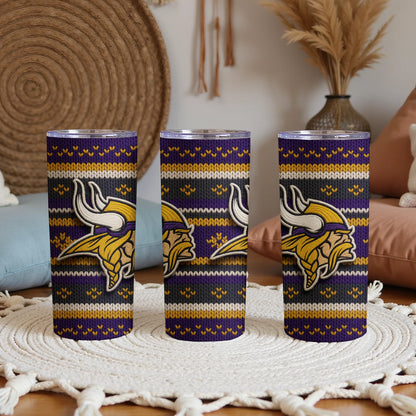 Three tumblers with a purple, gray, and yellow knit pattern and the Minnesota Vikings logo.