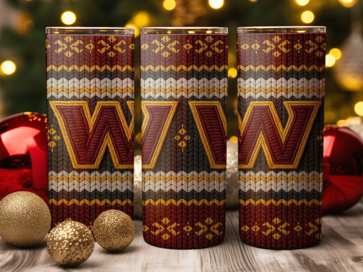 Three tumblers with a red, grey, yellow, and white knit pattern and "WW" logo.