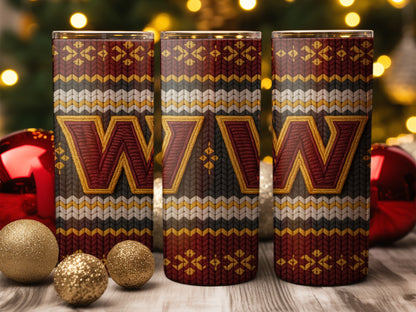 Three tumblers with a red, grey, yellow, and white knit pattern and "WW" logo.