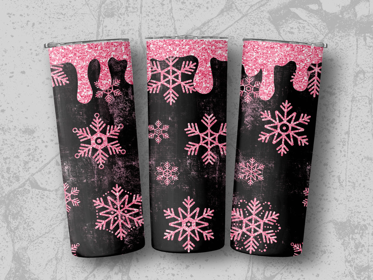 Three tumblers with pink glitter drips and pink snowflake patterns on black.