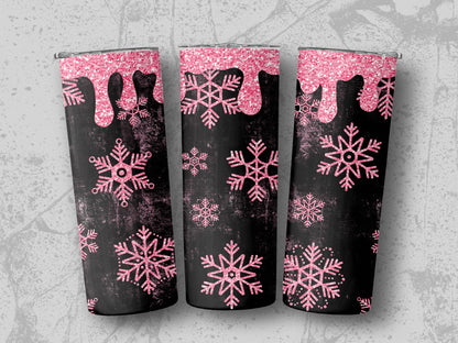 Three tumblers with pink glitter drips and pink snowflake patterns on black.