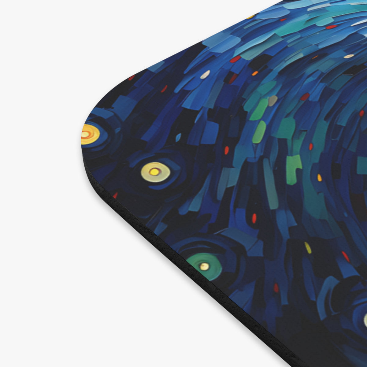Abstract blue and green brushstrokes with yellow and red dots form a swirling pattern on a rounded mat.