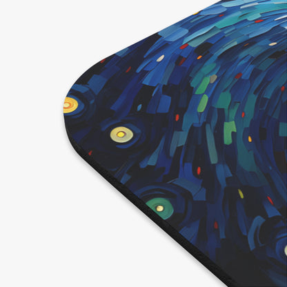 Abstract blue and green brushstrokes with yellow and red dots form a swirling pattern on a rounded mat.