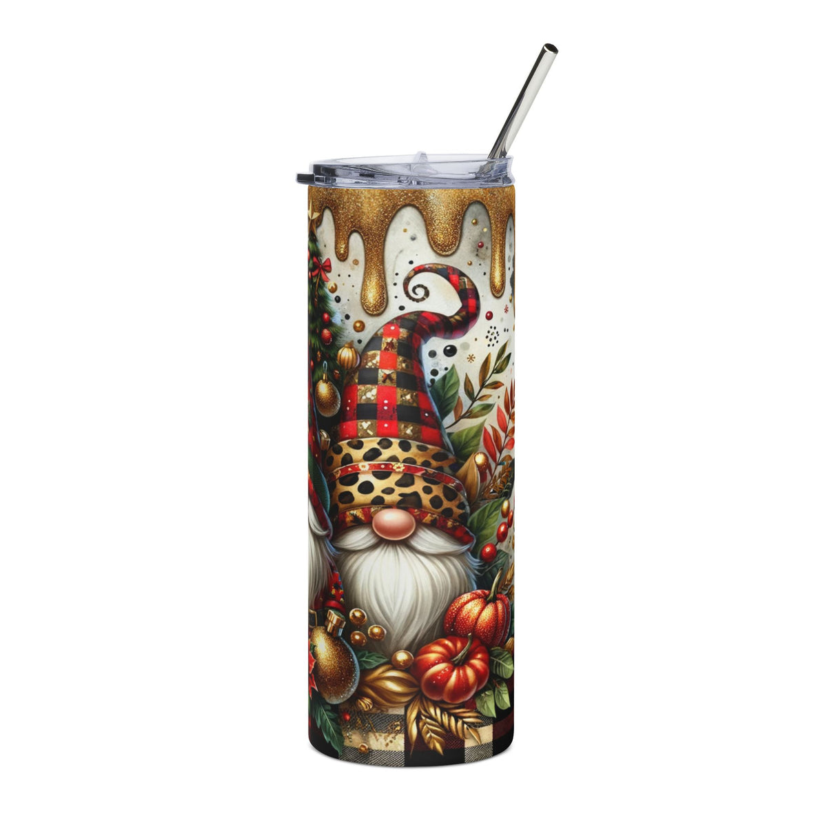 Gnome with holiday decorations on a festive tumbler with gold dripping lid and straw.