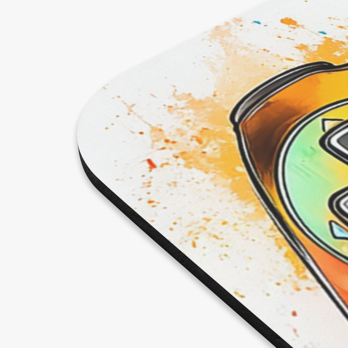Mousepad with abstract watercolor splashes and a stylized can design.