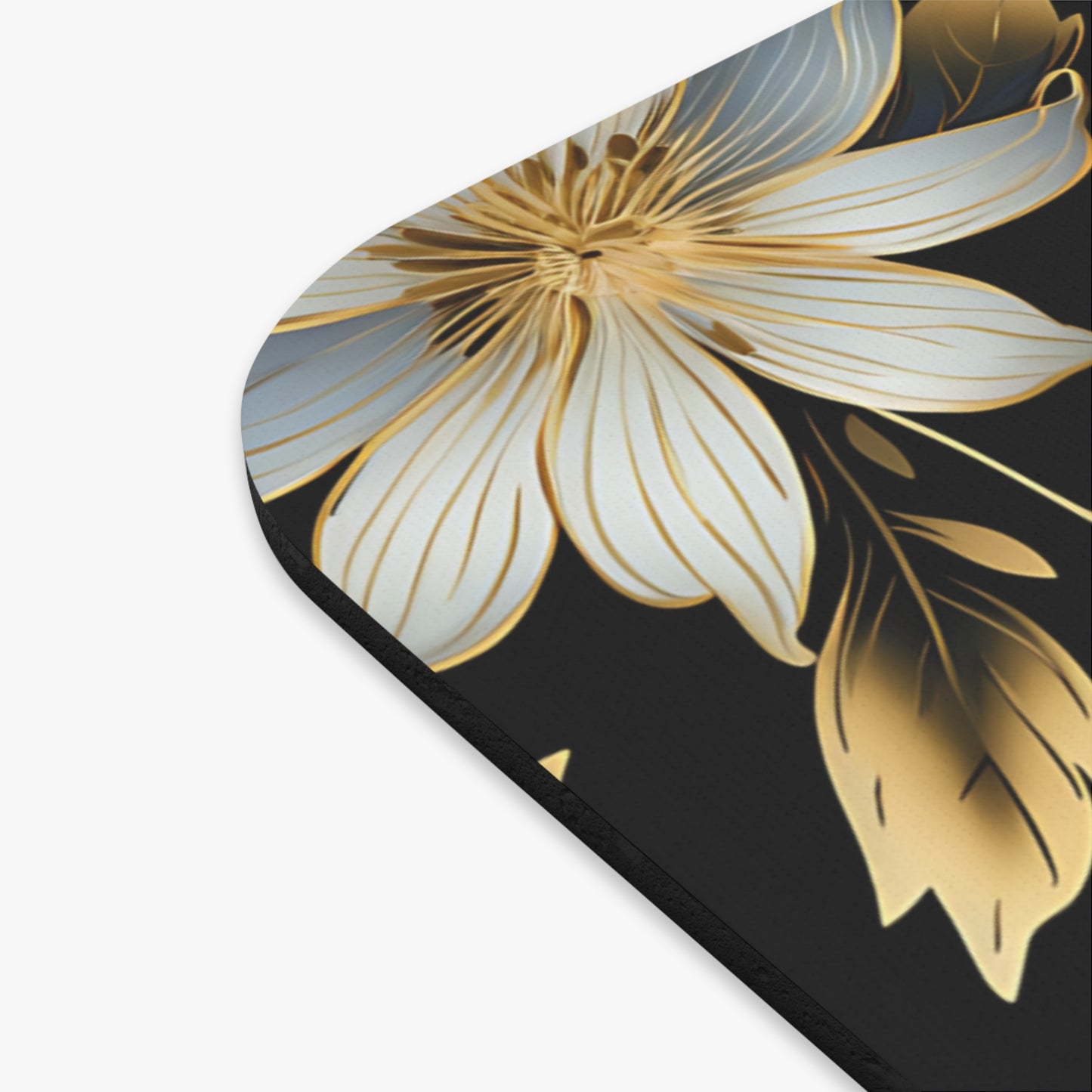 White and gold abstract floral design on a black background.