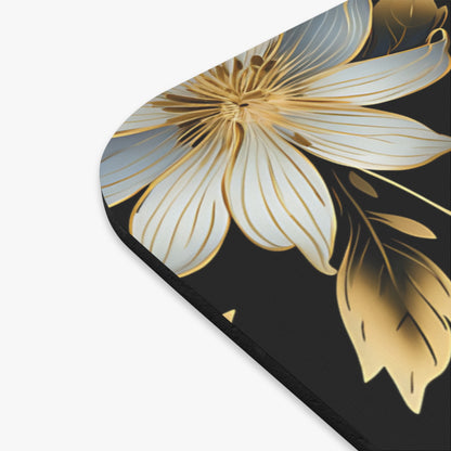 White and gold abstract floral design on a black background.