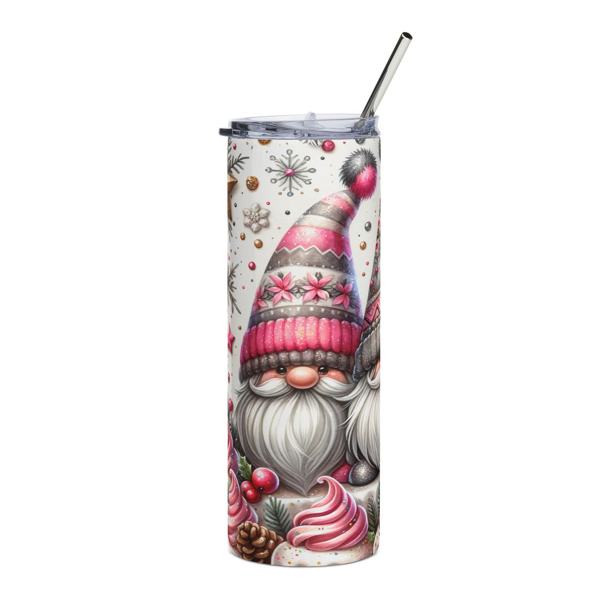 Tumbler with gnomes, snowflakes, pinecones, and pink frosted swirls.