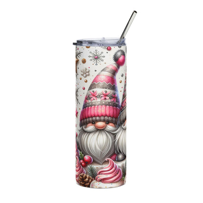 Tumbler with gnomes, snowflakes, pinecones, and pink frosted swirls.