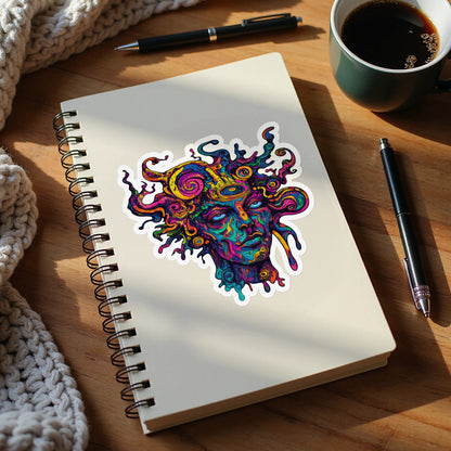 Vibrant abstract Medusa head sticker on a white notebook with pens and coffee.