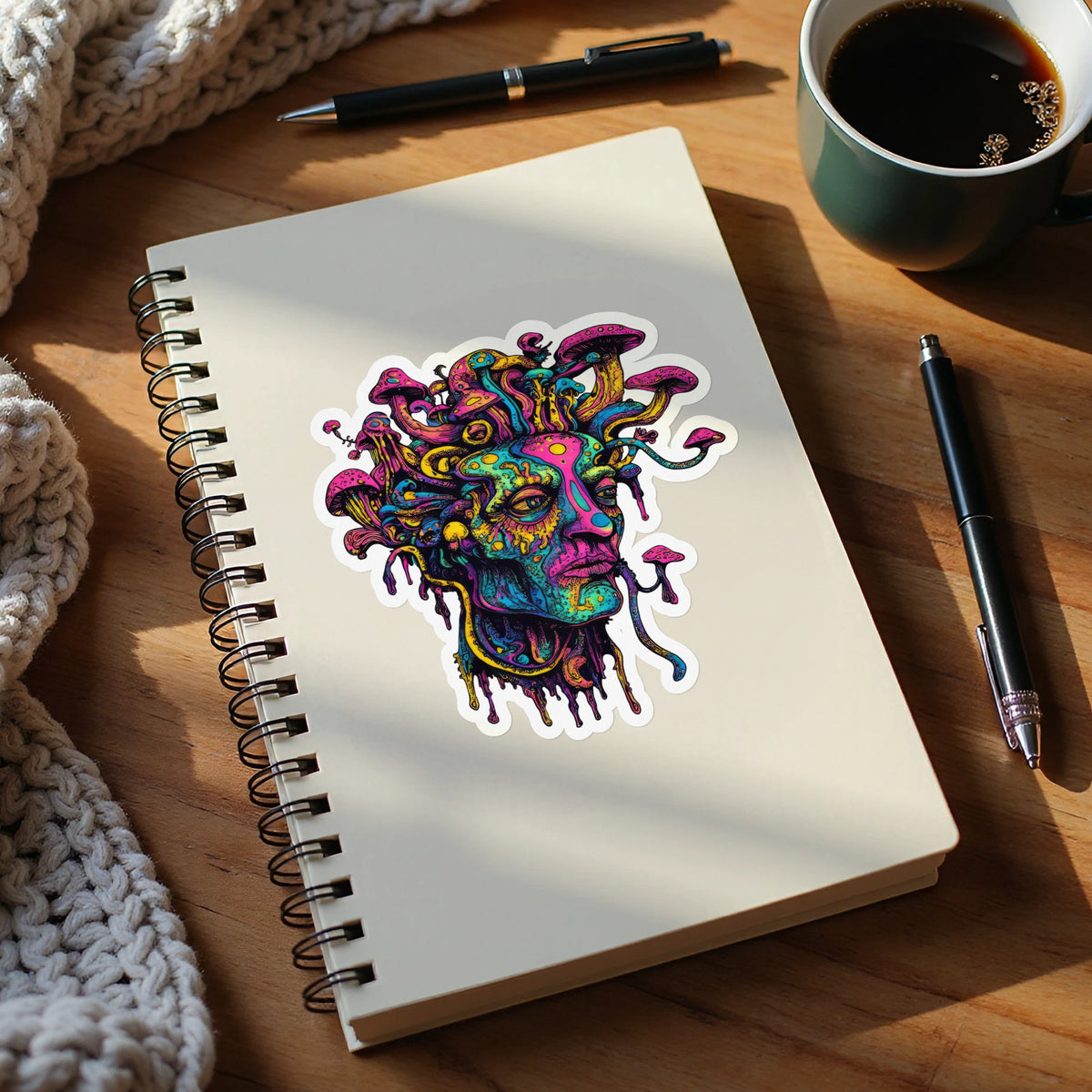 Psychedelic Medusa sticker with mushrooms on a spiral-bound notebook.