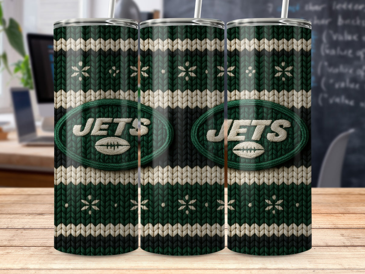 Green and white striped tumbler with "JETS" logo and football graphic.