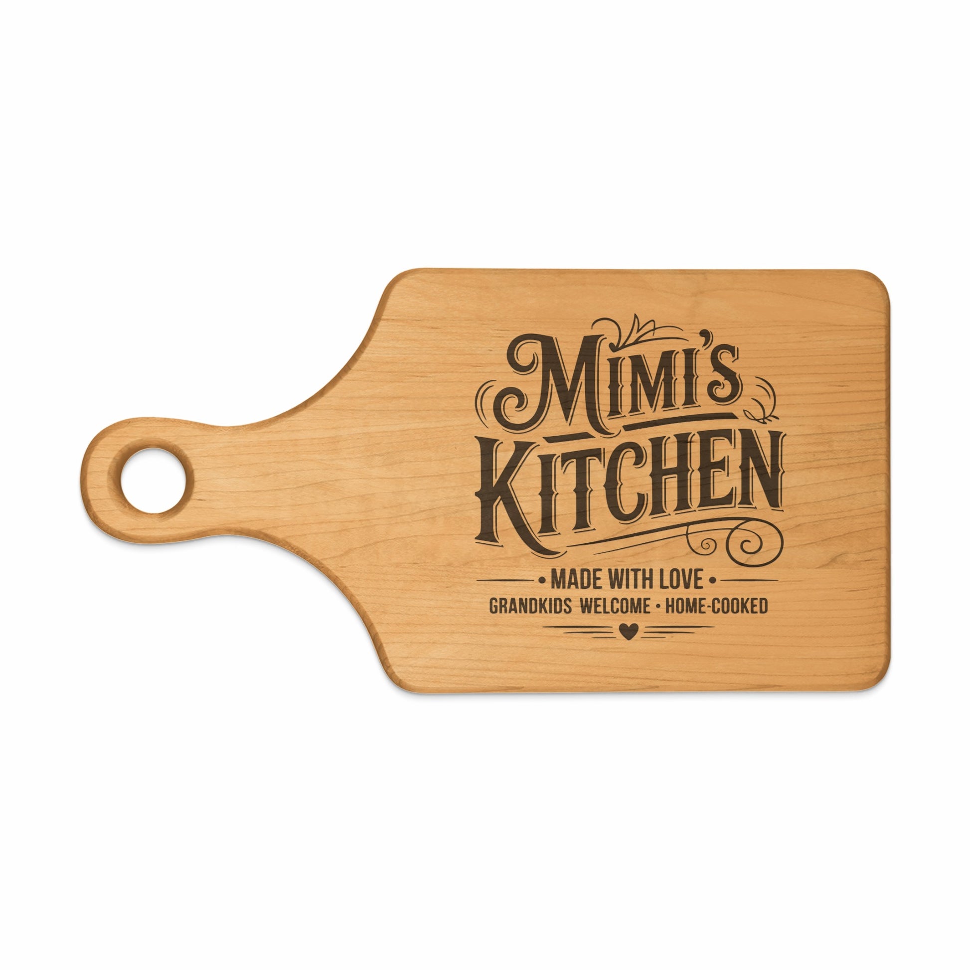 Wooden cutting board with "Mimi's Kitchen" and "Grandkids Welcome" engraved.
