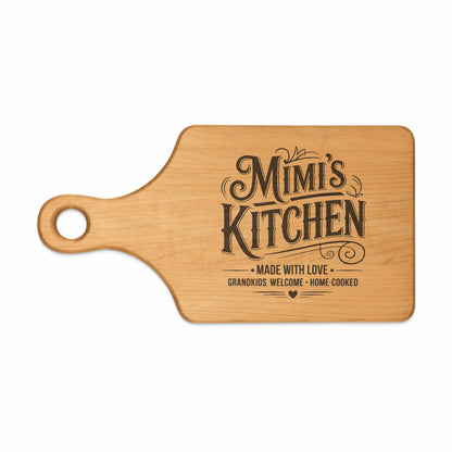 Wooden cutting board with "Mimi's Kitchen" and "Grandkids Welcome" engraved.